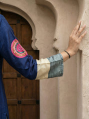 Dark Blue & Grey Color-Block Co-ord Set in Russian Silk