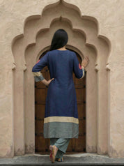 Dark Blue & Grey Color-Block Co-ord Set in Russian Silk