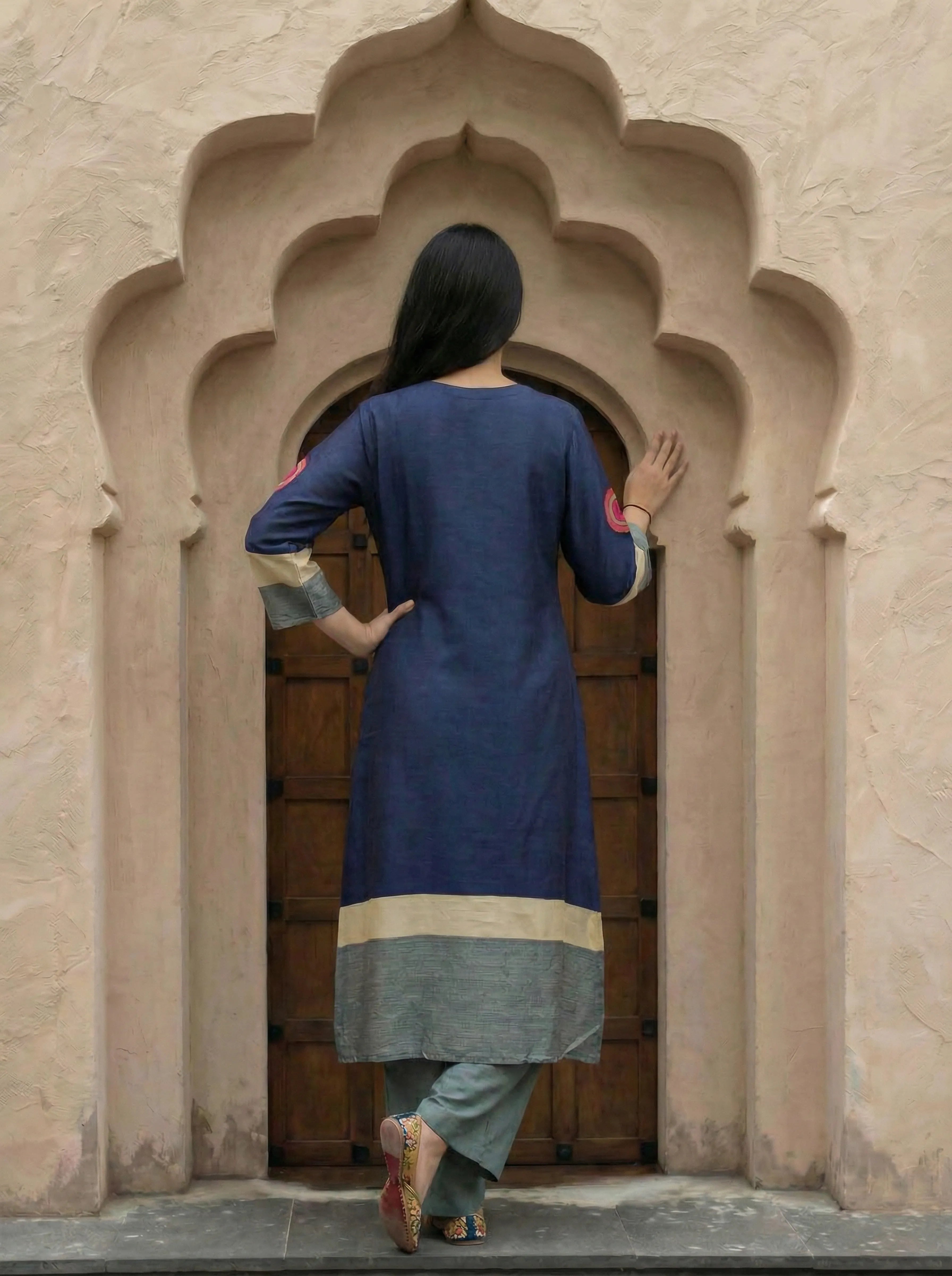 Dark Blue & Grey Color-Block Co-ord Set in Russian Silk