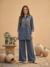Embellished Blue Linen Blend Co-ord Set