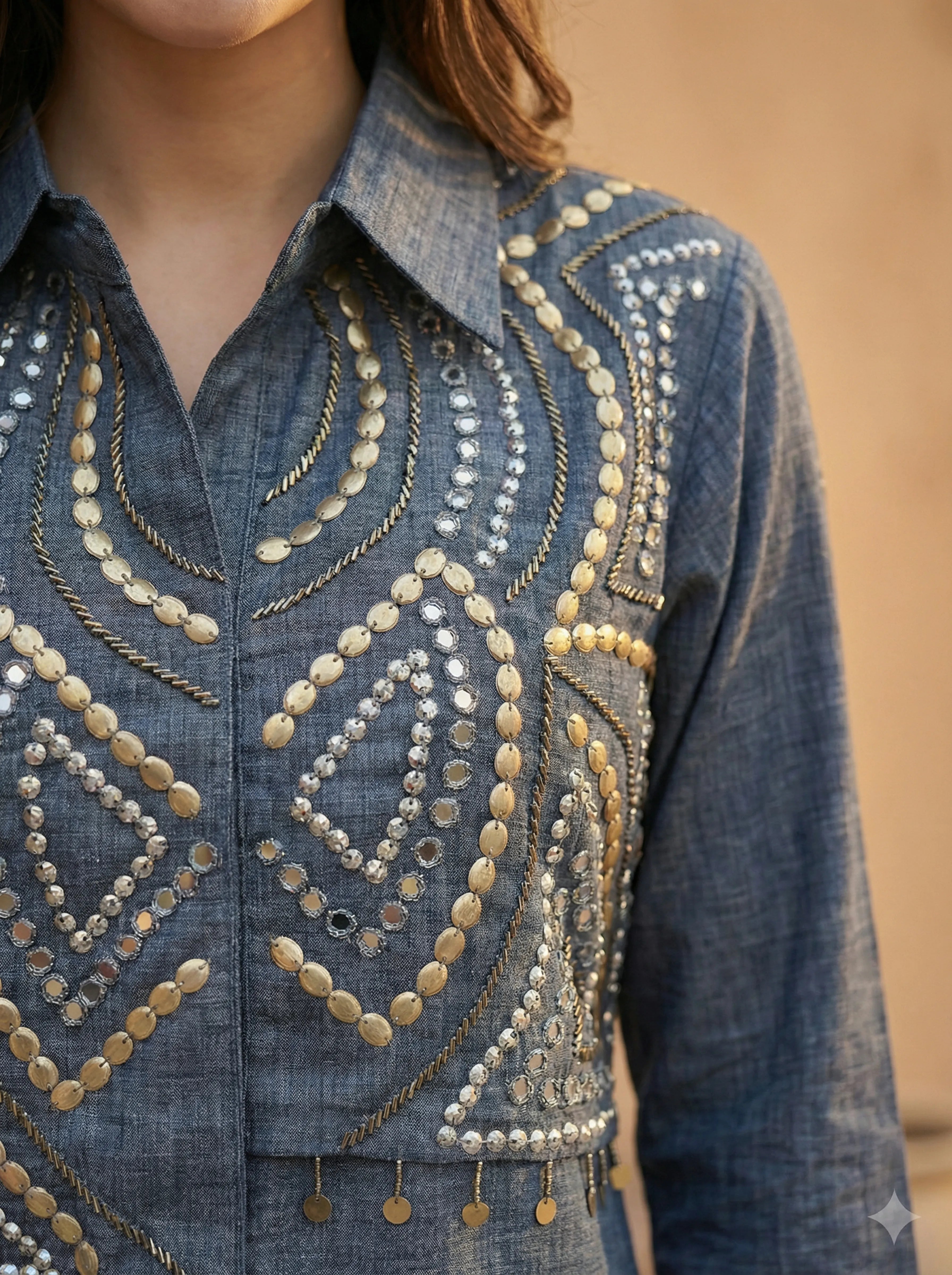 Embellished Blue Linen Blend Co-ord Set