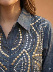 Embellished Blue Linen Blend Co-ord Set