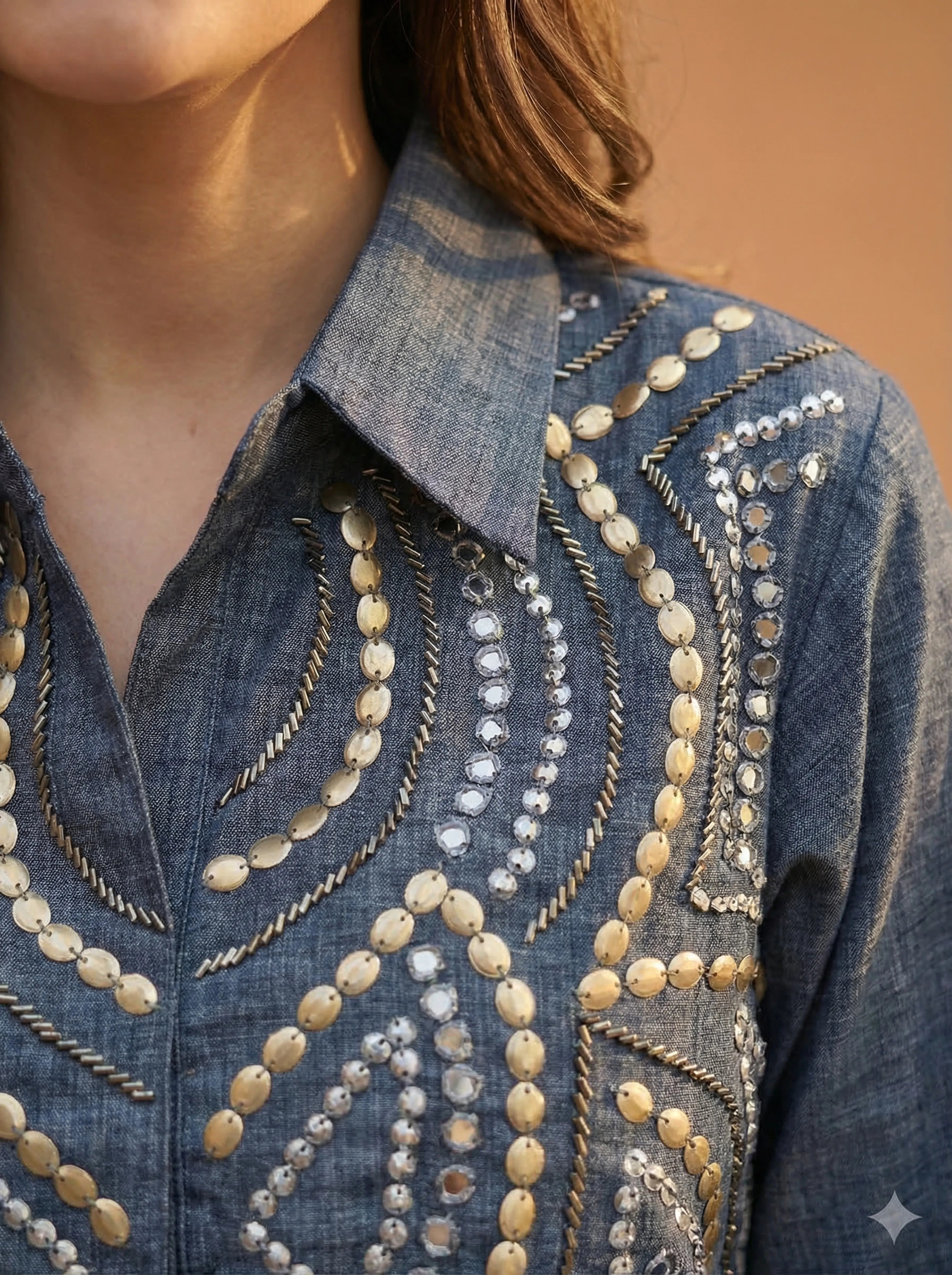 Embellished Blue Linen Blend Co-ord Set