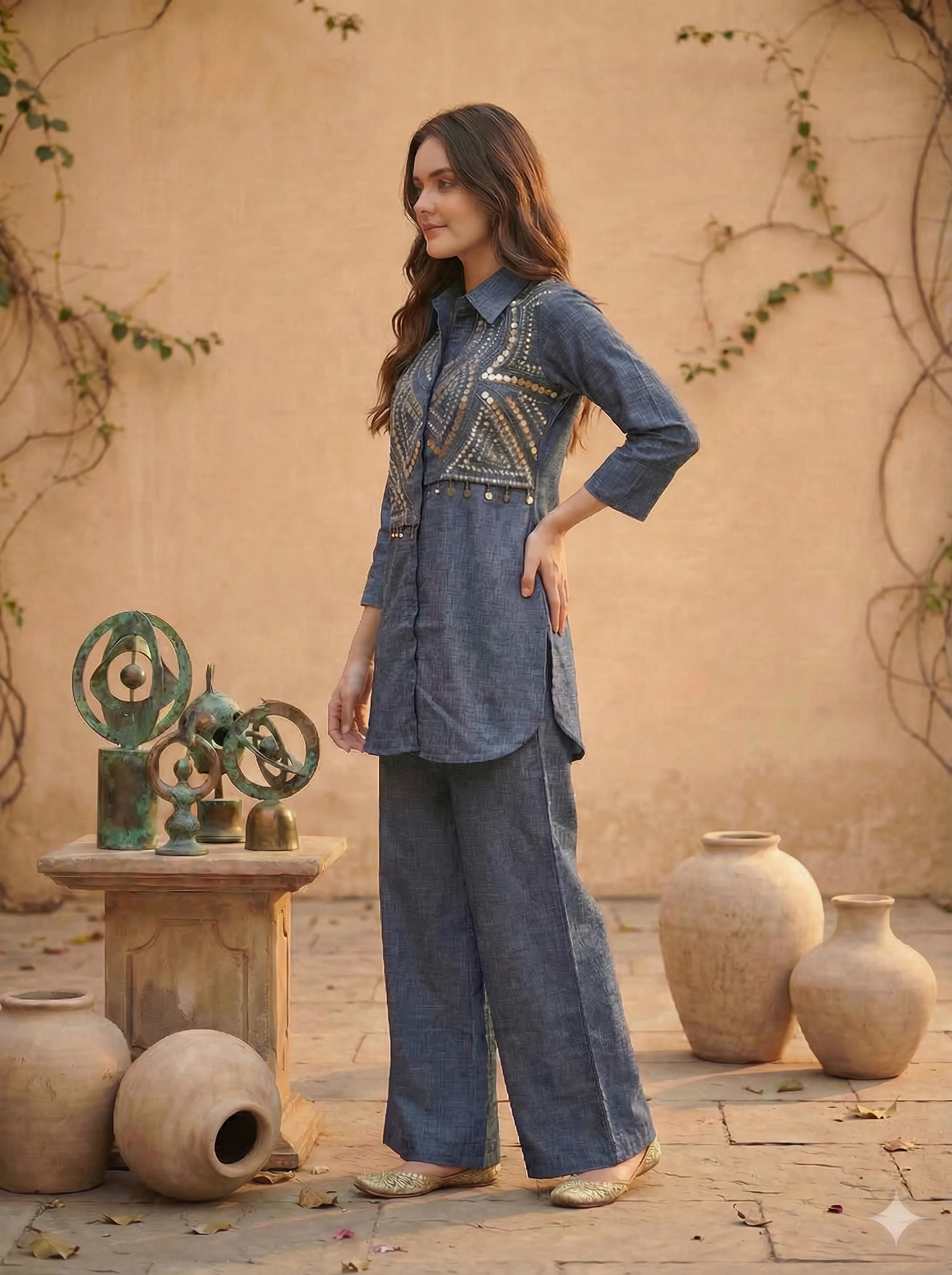 Embellished Blue Linen Blend Co-ord Set