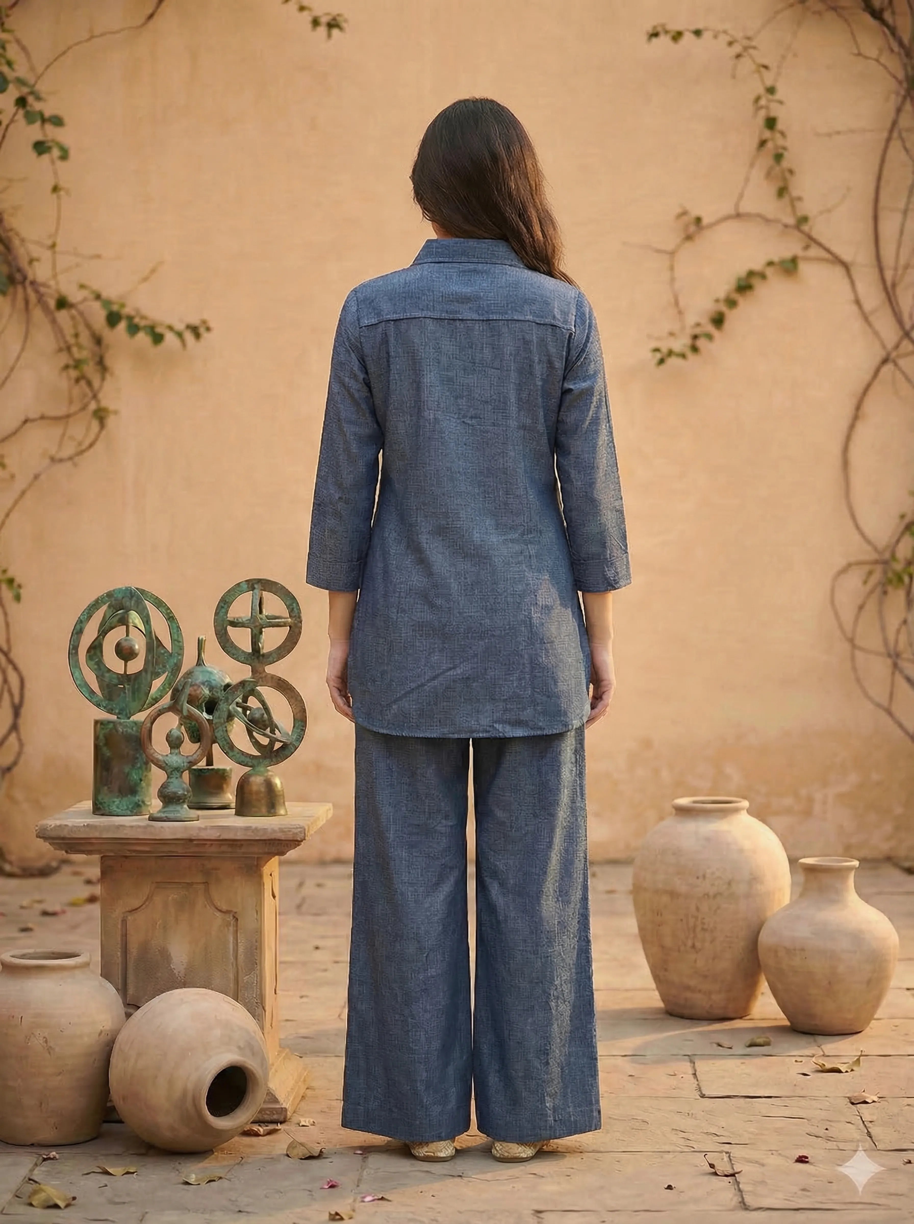 Embellished Blue Linen Blend Co-ord Set