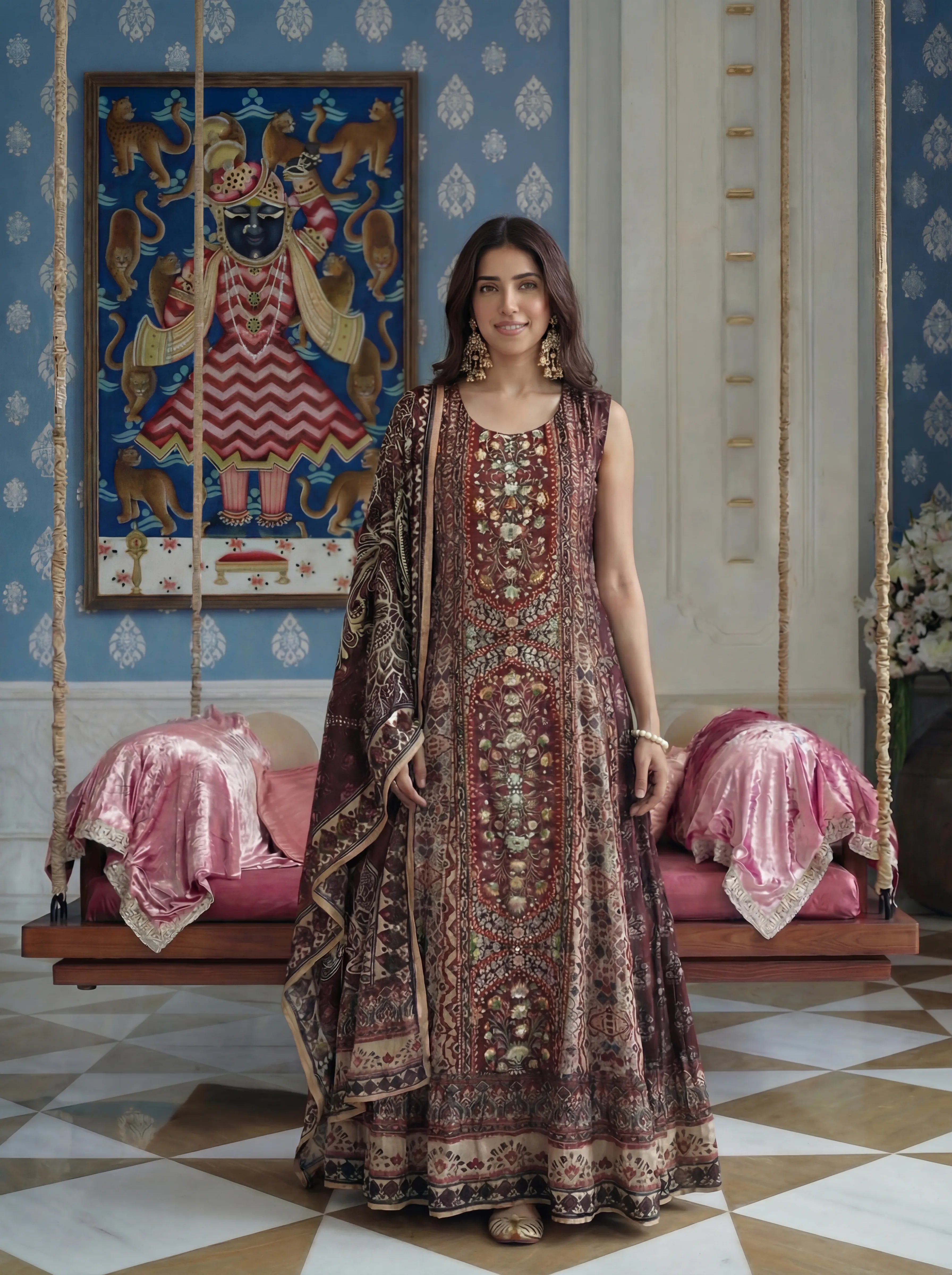 Maroon Printed & Embroidered Anarkali Style 3 Piece Set in Crepe