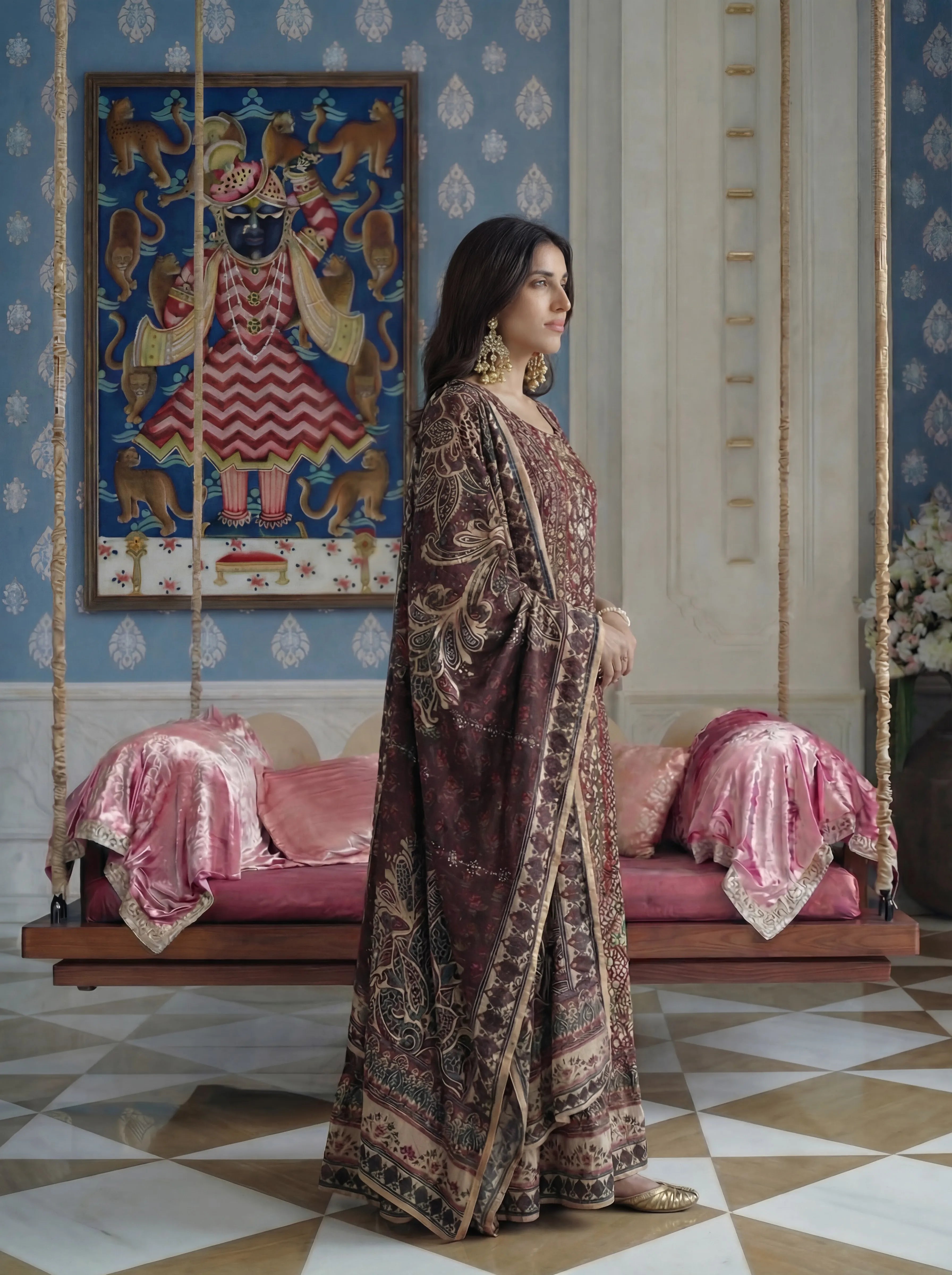 Maroon Printed & Embroidered Anarkali Style 3 Piece Set in Crepe