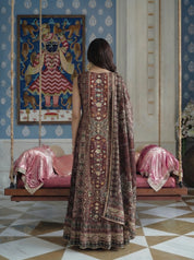 Maroon Printed & Embroidered Anarkali Style 3 Piece Set in Crepe