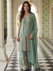 Pastel Green Embellished Three Piece Set in Tissue Silk