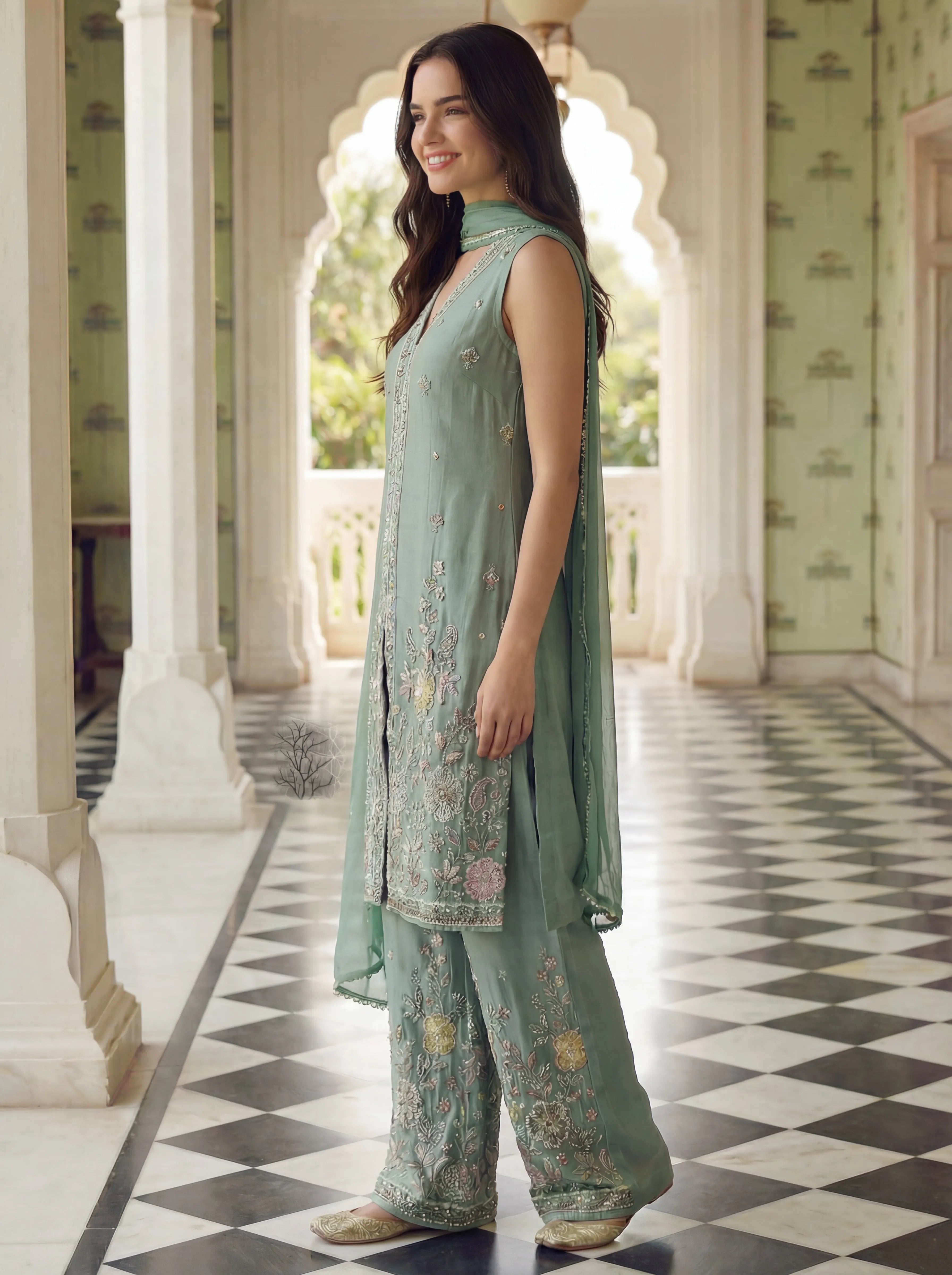 Pastel Green Embellished Three Piece Set in Tissue Silk