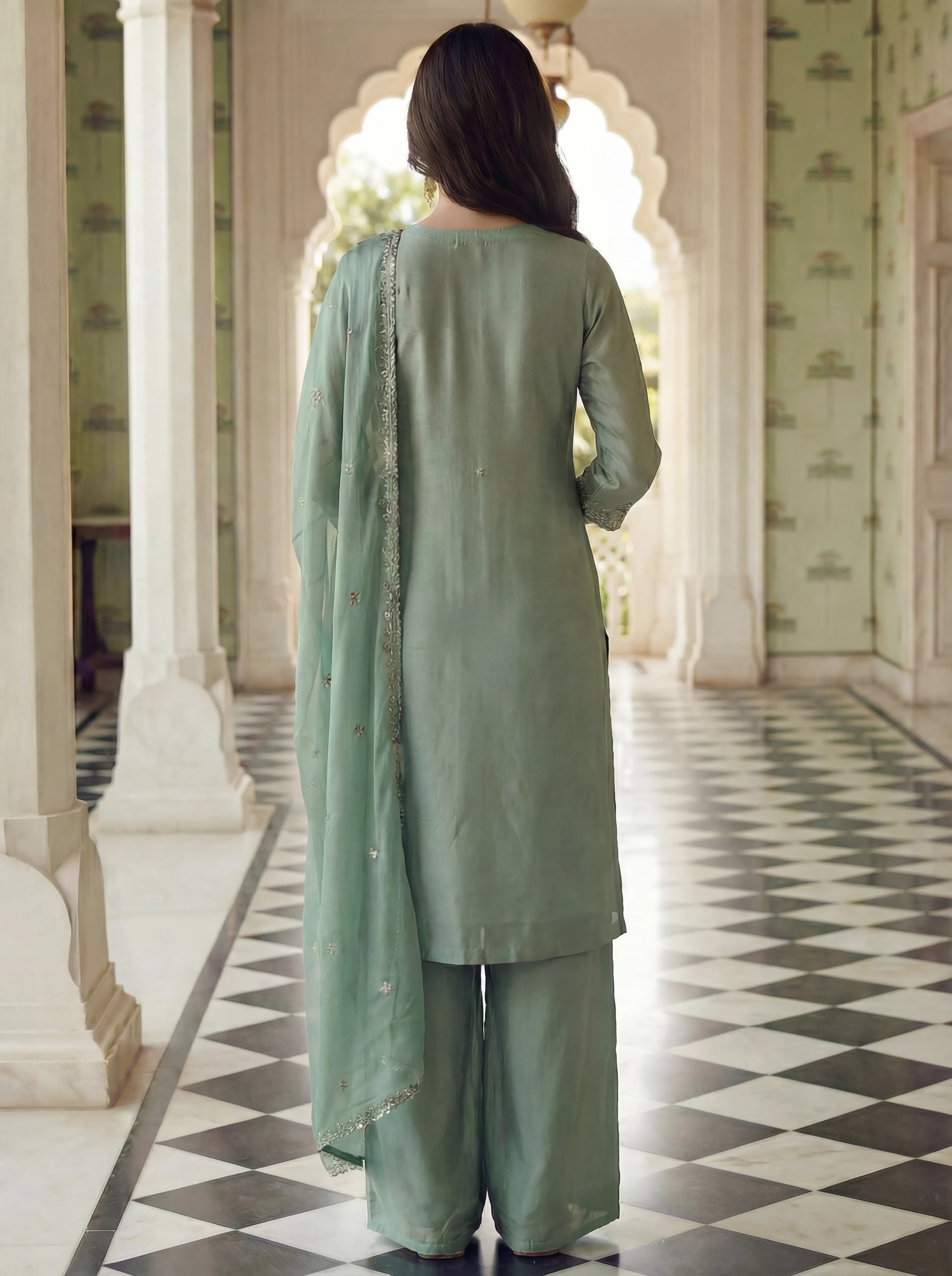 Pastel Green Embellished Three Piece Set in Tissue Silk