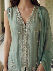 Pastel Green Embellished Three Piece Set in Tissue Silk