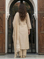 Beige Mirror & Crochet Lace Kurta Set with Dupatta in Mal Chanderi