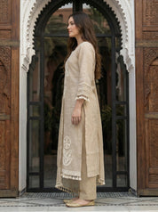 Beige Mirror & Crochet Lace Kurta Set with Dupatta in Mal Chanderi