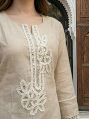 Beige Mirror & Crochet Lace Kurta Set with Dupatta in Mal Chanderi