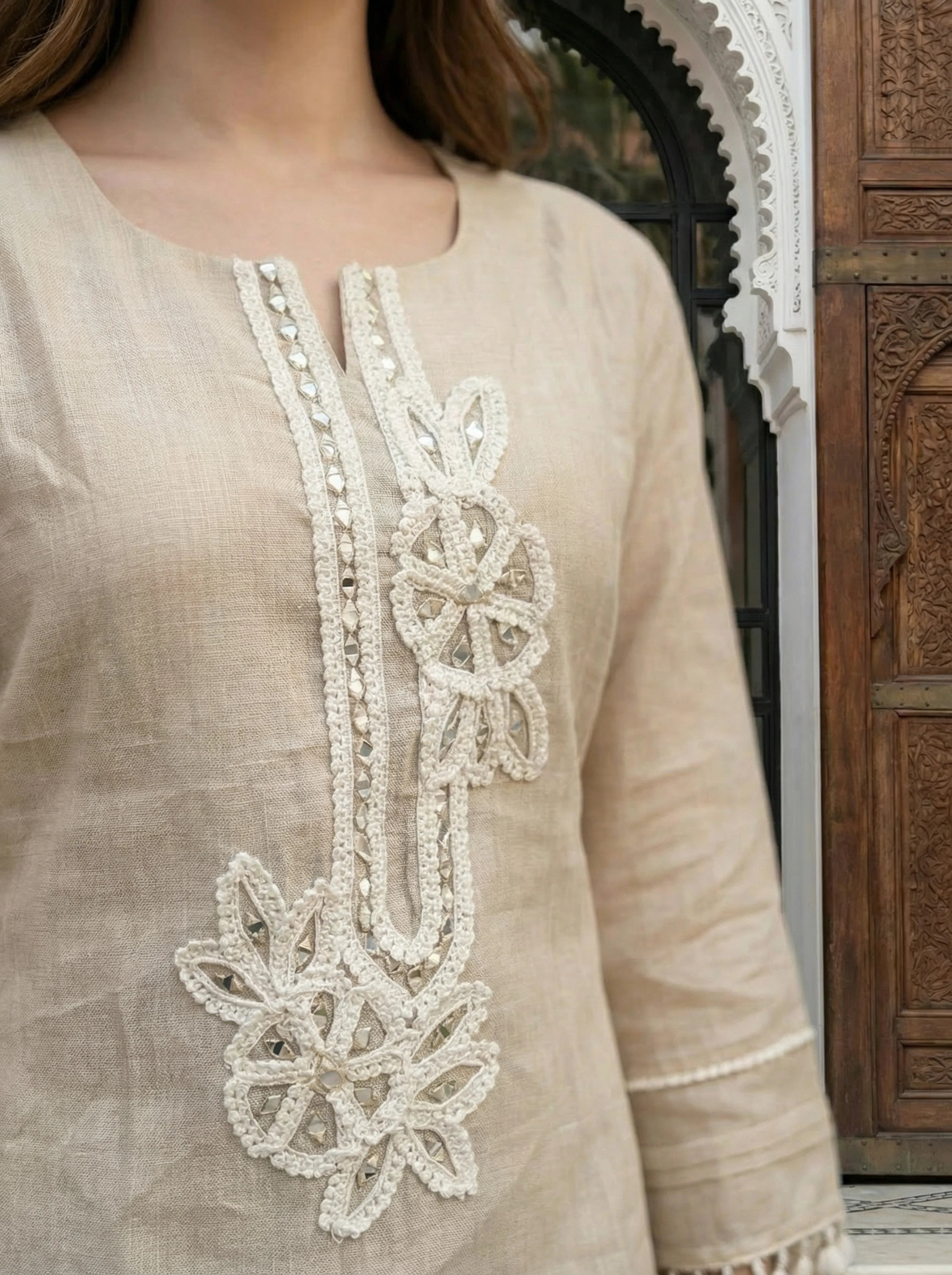 Beige Mirror & Crochet Lace Kurta Set with Dupatta in Mal Chanderi