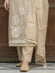 Beige Mirror & Crochet Lace Kurta Set with Dupatta in Mal Chanderi