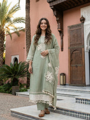 Sage Green Mirror & Crochet Lace Kurta Set with Dupatta in Mal Chanderi