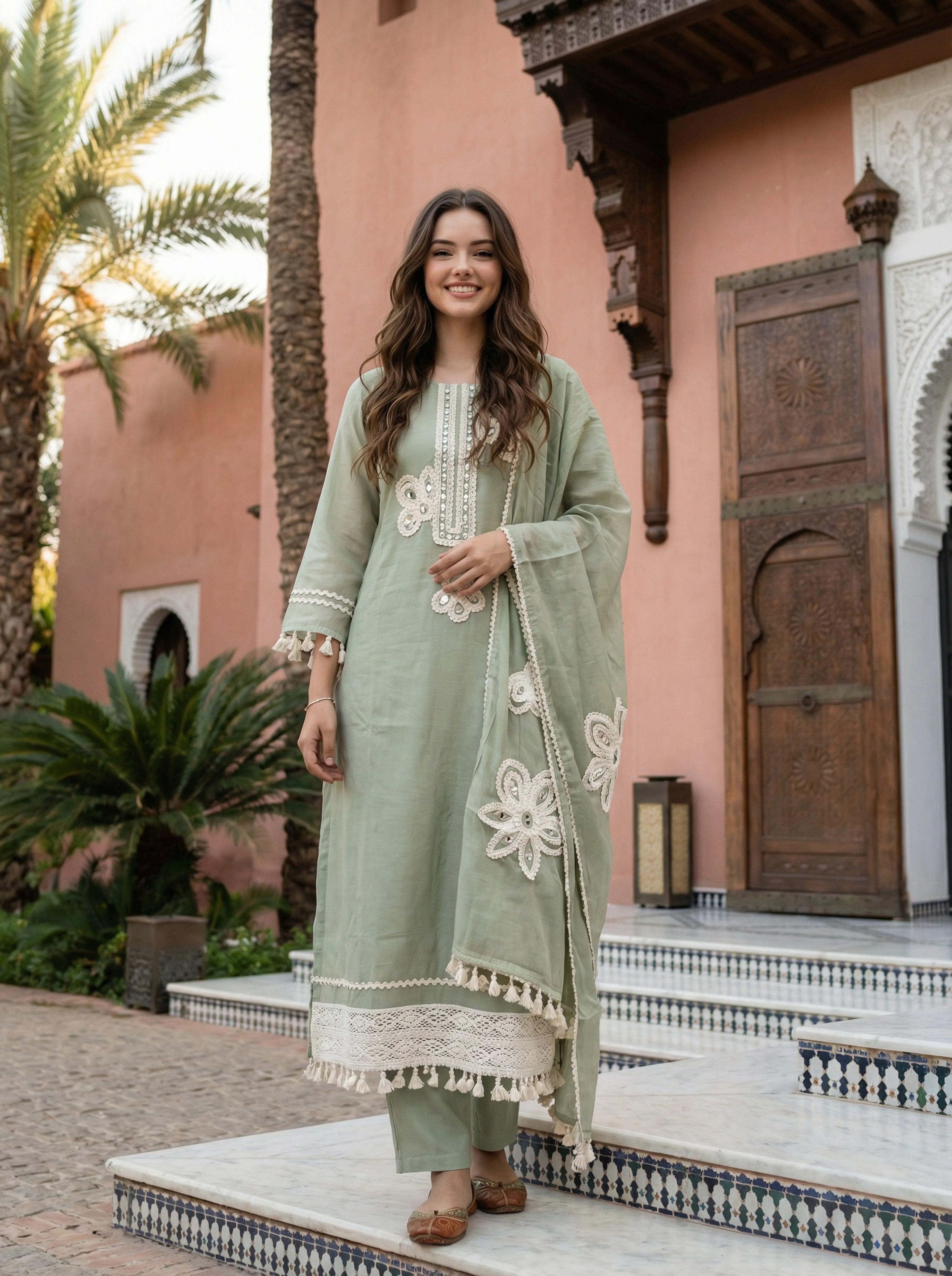 Sage Green Mirror & Crochet Lace Kurta Set with Dupatta in Mal Chanderi