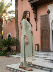 Sage Green Mirror & Crochet Lace Kurta Set with Dupatta in Mal Chanderi