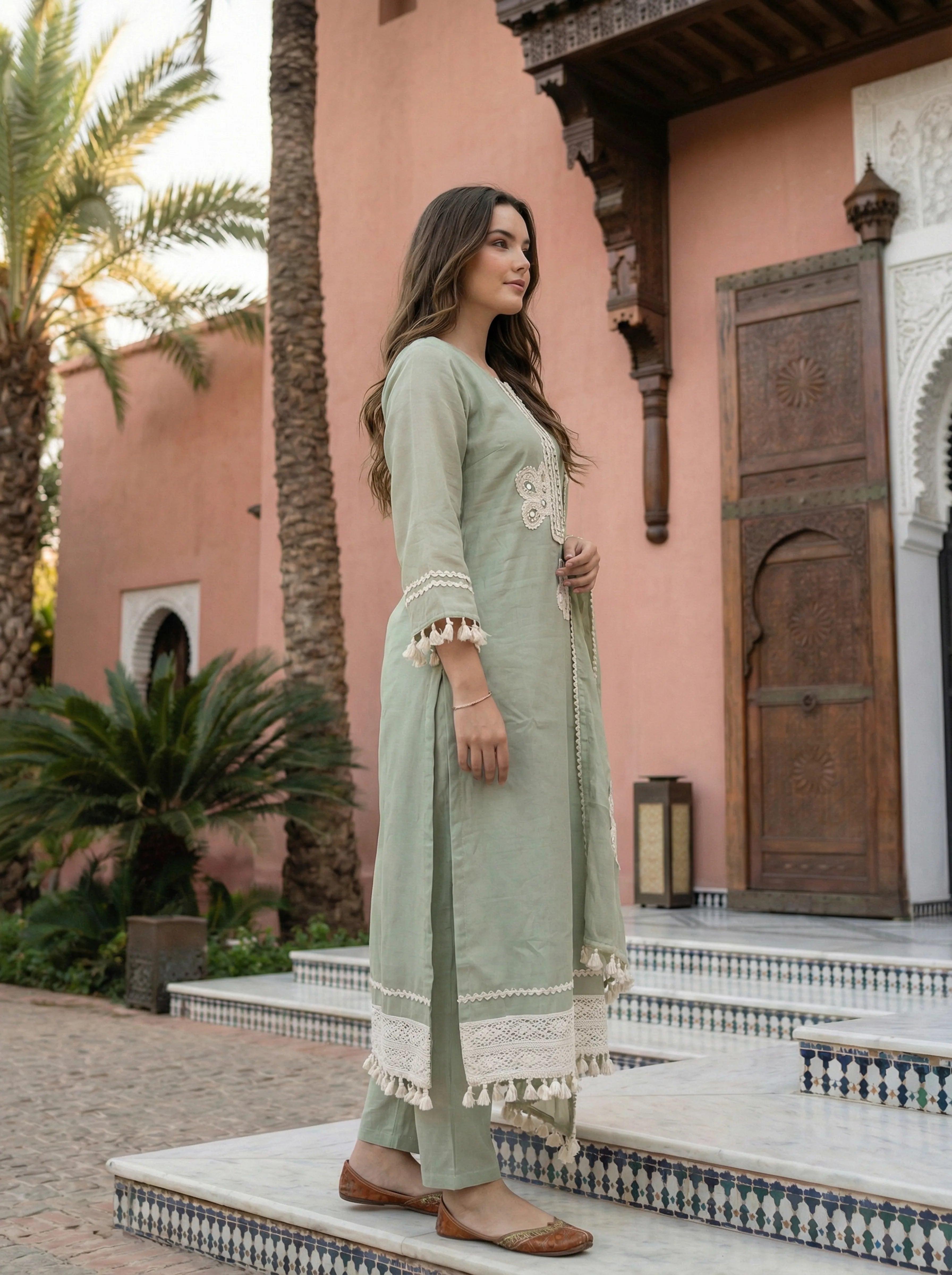 Sage Green Mirror & Crochet Lace Kurta Set with Dupatta in Mal Chanderi