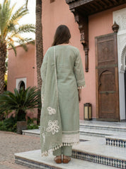 Sage Green Mirror & Crochet Lace Kurta Set with Dupatta in Mal Chanderi