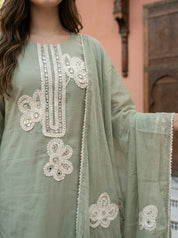 Sage Green Mirror & Crochet Lace Kurta Set with Dupatta in Mal Chanderi