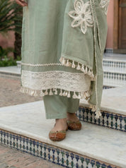 Sage Green Mirror & Crochet Lace Kurta Set with Dupatta in Mal Chanderi