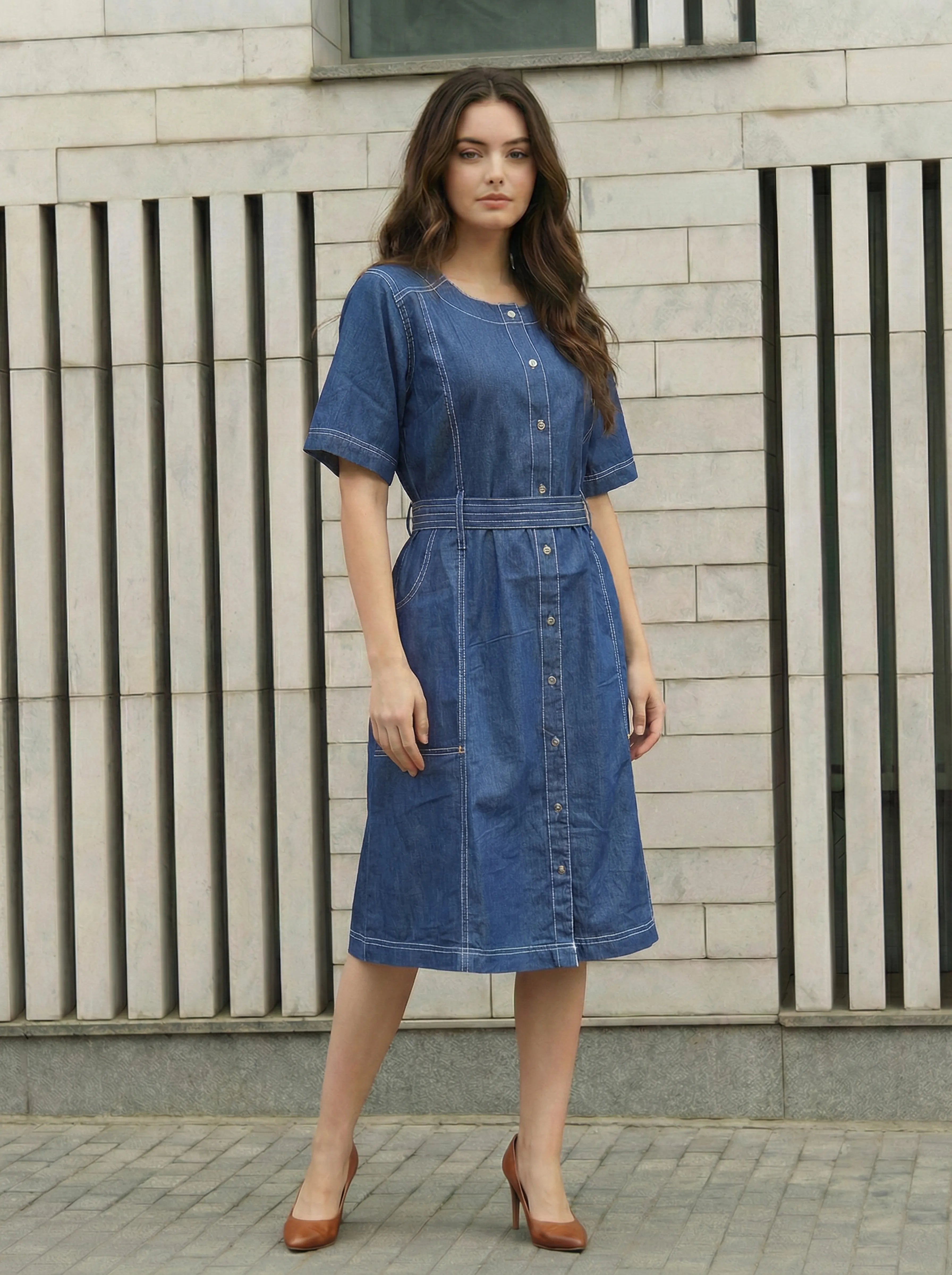 Denim Blue A-Line Dress with Stitch Detail in Cotton