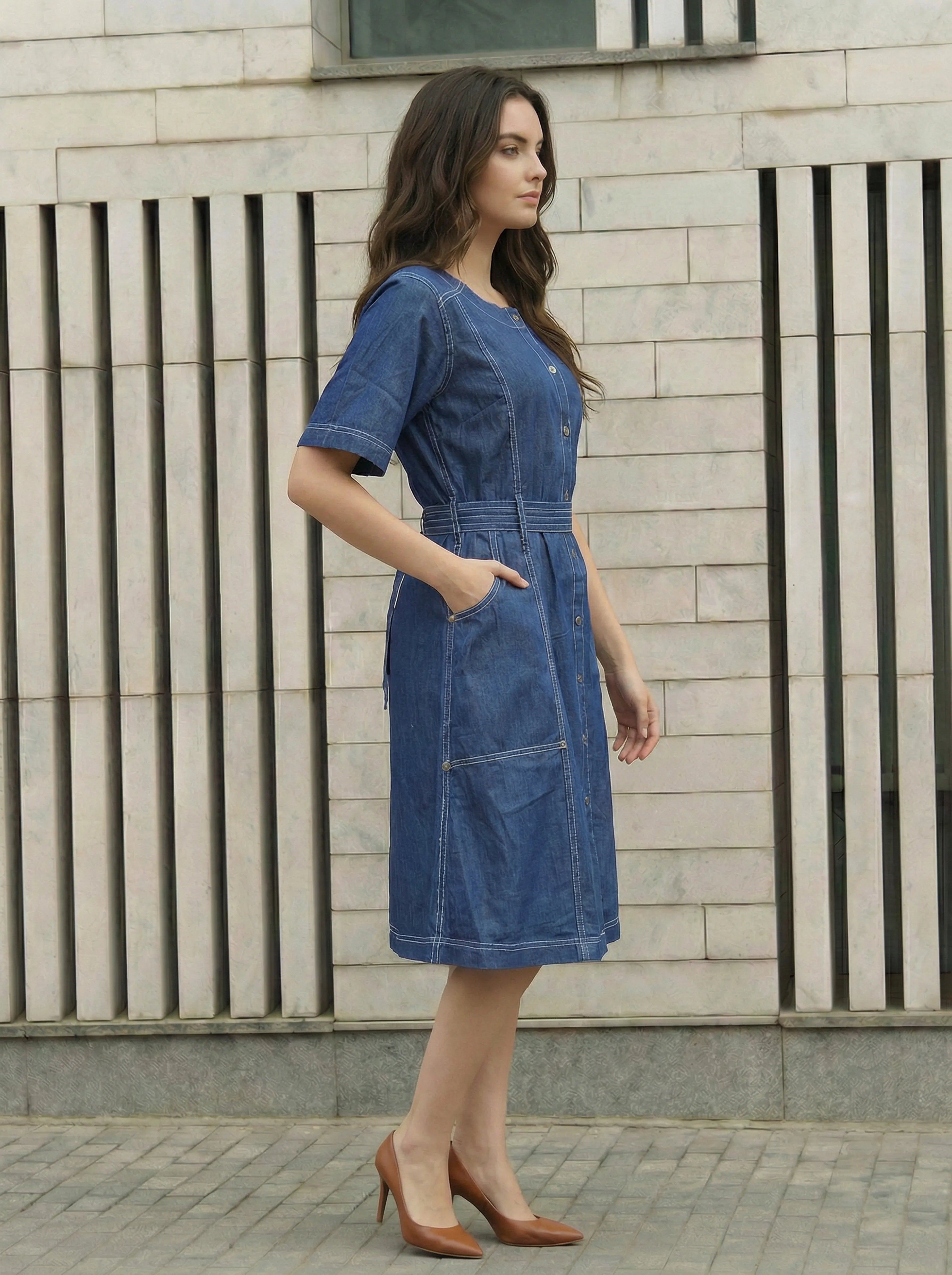 Denim Blue A-Line Dress with Stitch Detail in Cotton
