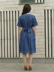 Denim Blue A-Line Dress with Stitch Detail in Cotton