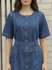 Denim Blue A-Line Dress with Stitch Detail in Cotton