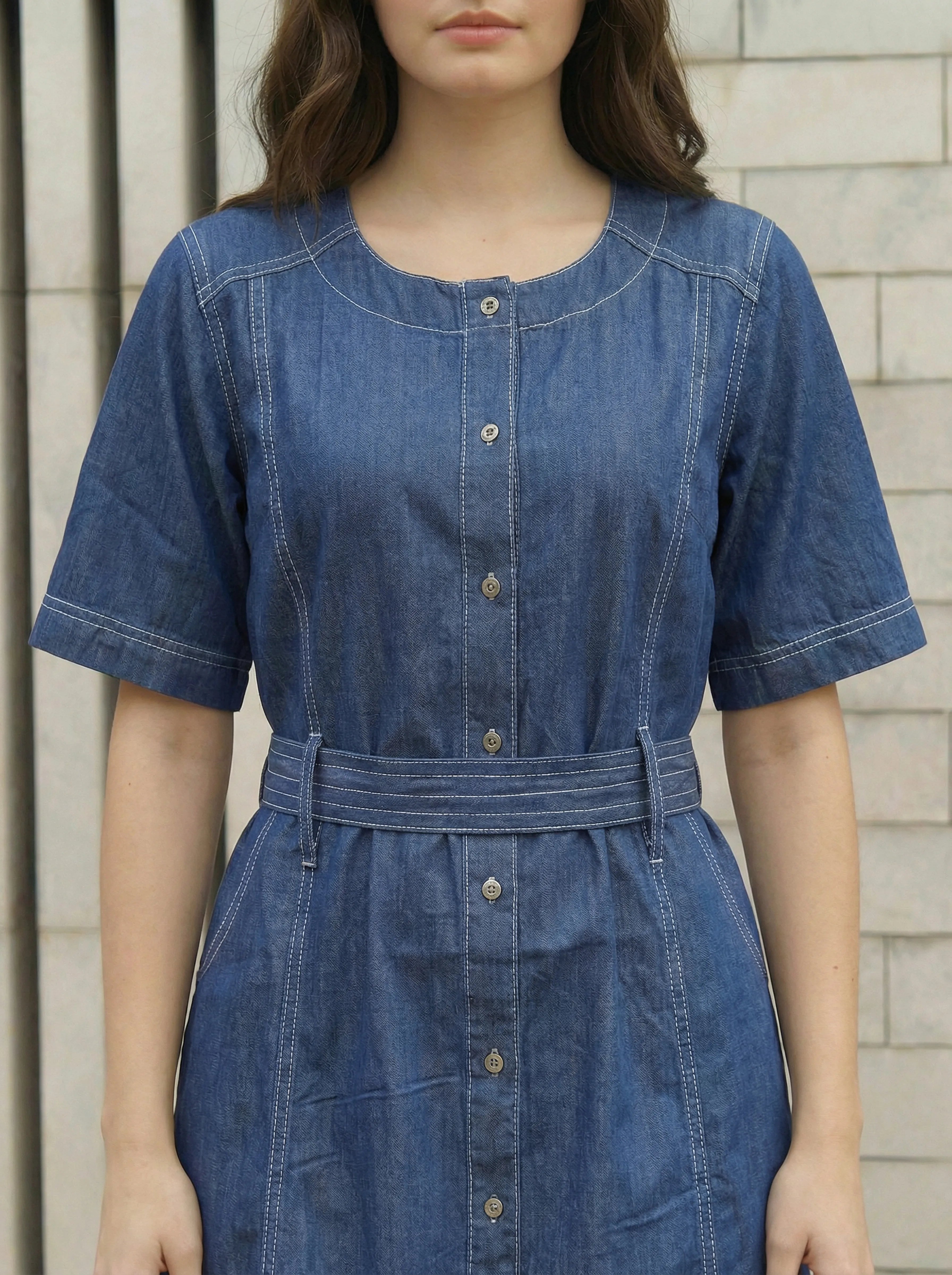 Denim Blue A-Line Dress with Stitch Detail in Cotton