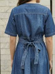Denim Blue A-Line Dress with Stitch Detail in Cotton