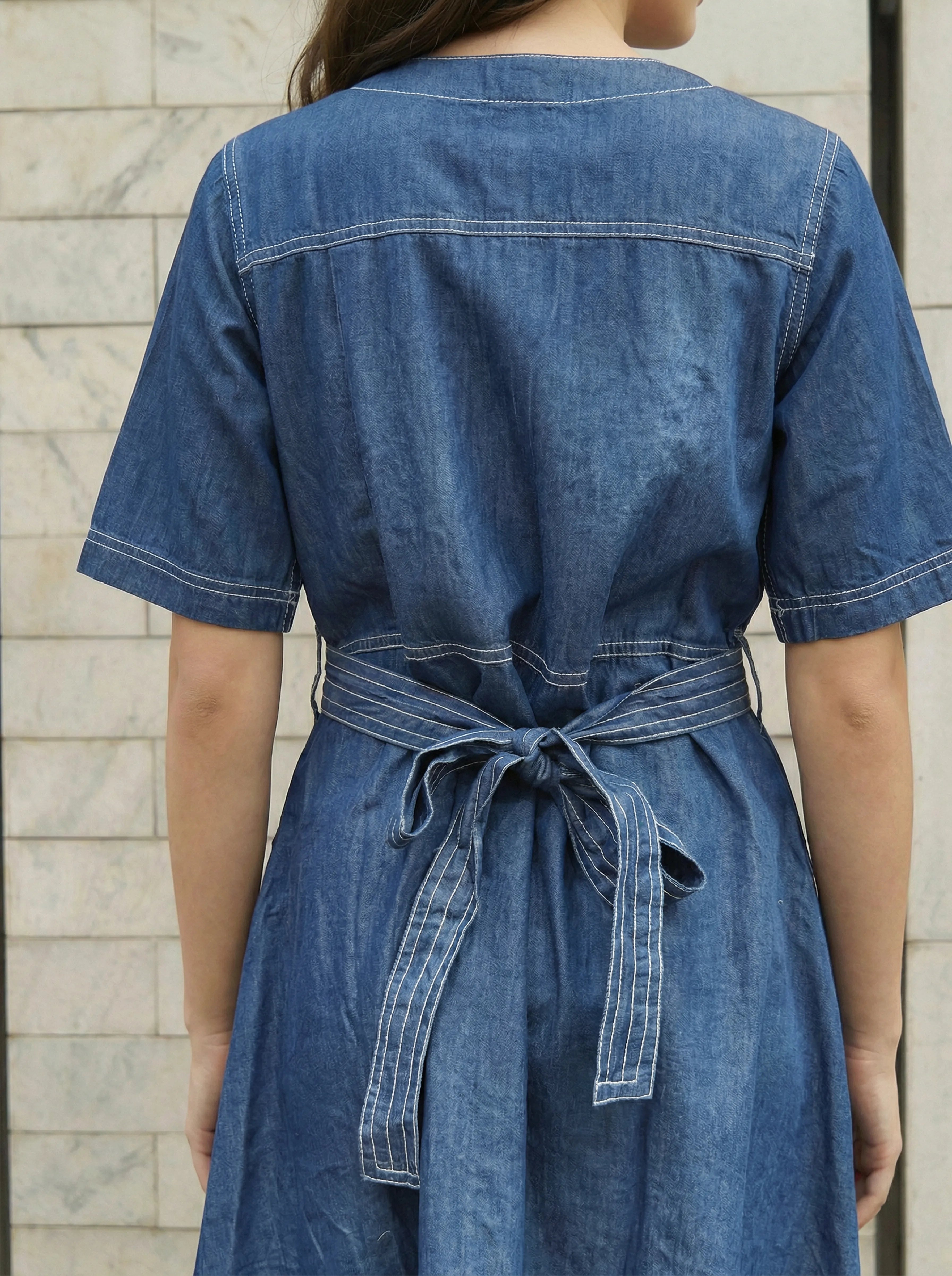 Denim Blue A-Line Dress with Stitch Detail in Cotton