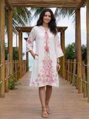 White Cotton Cambric Embroidered Dress with Pink Dori Tassels