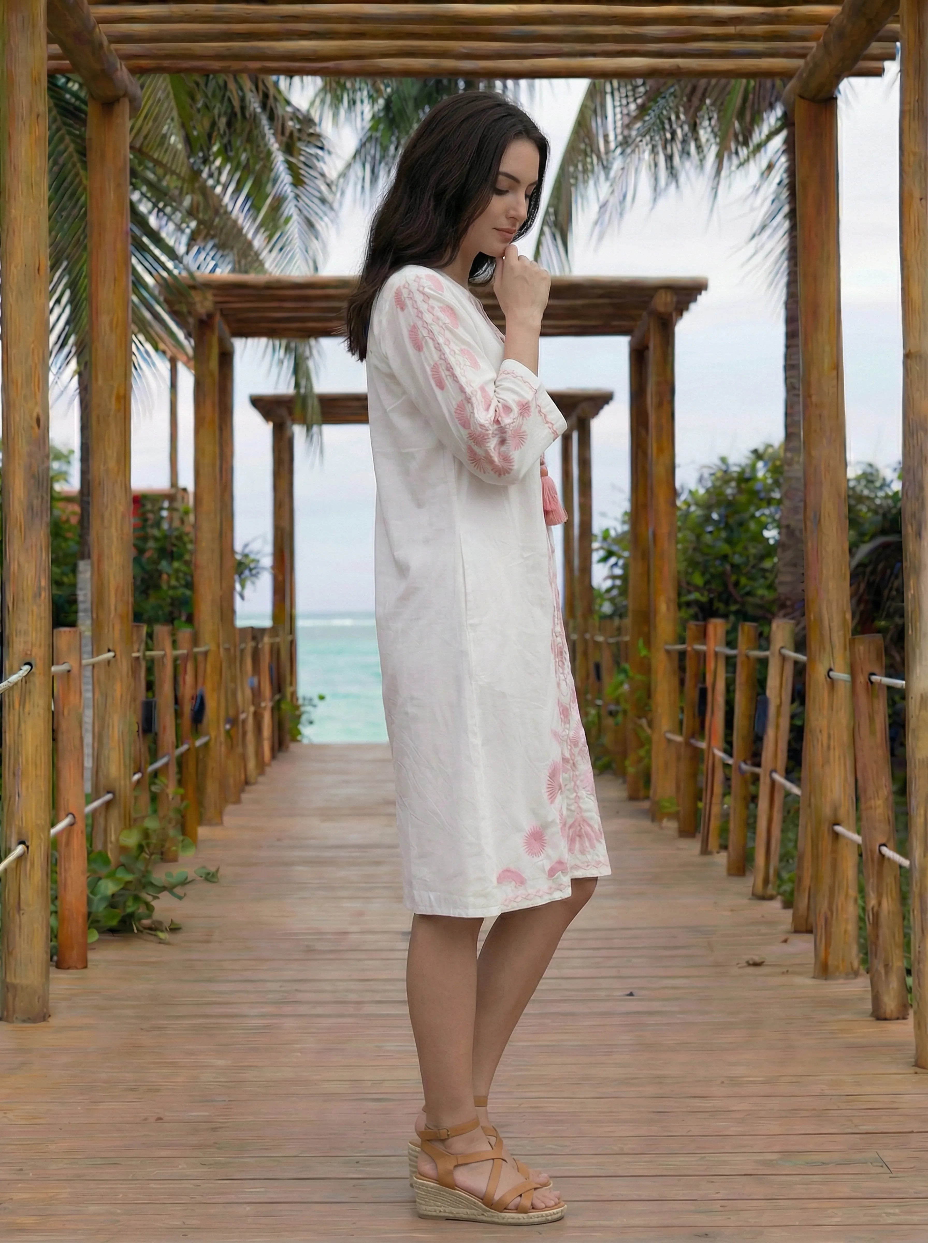 White Cotton Cambric Embroidered Dress with Pink Dori Tassels