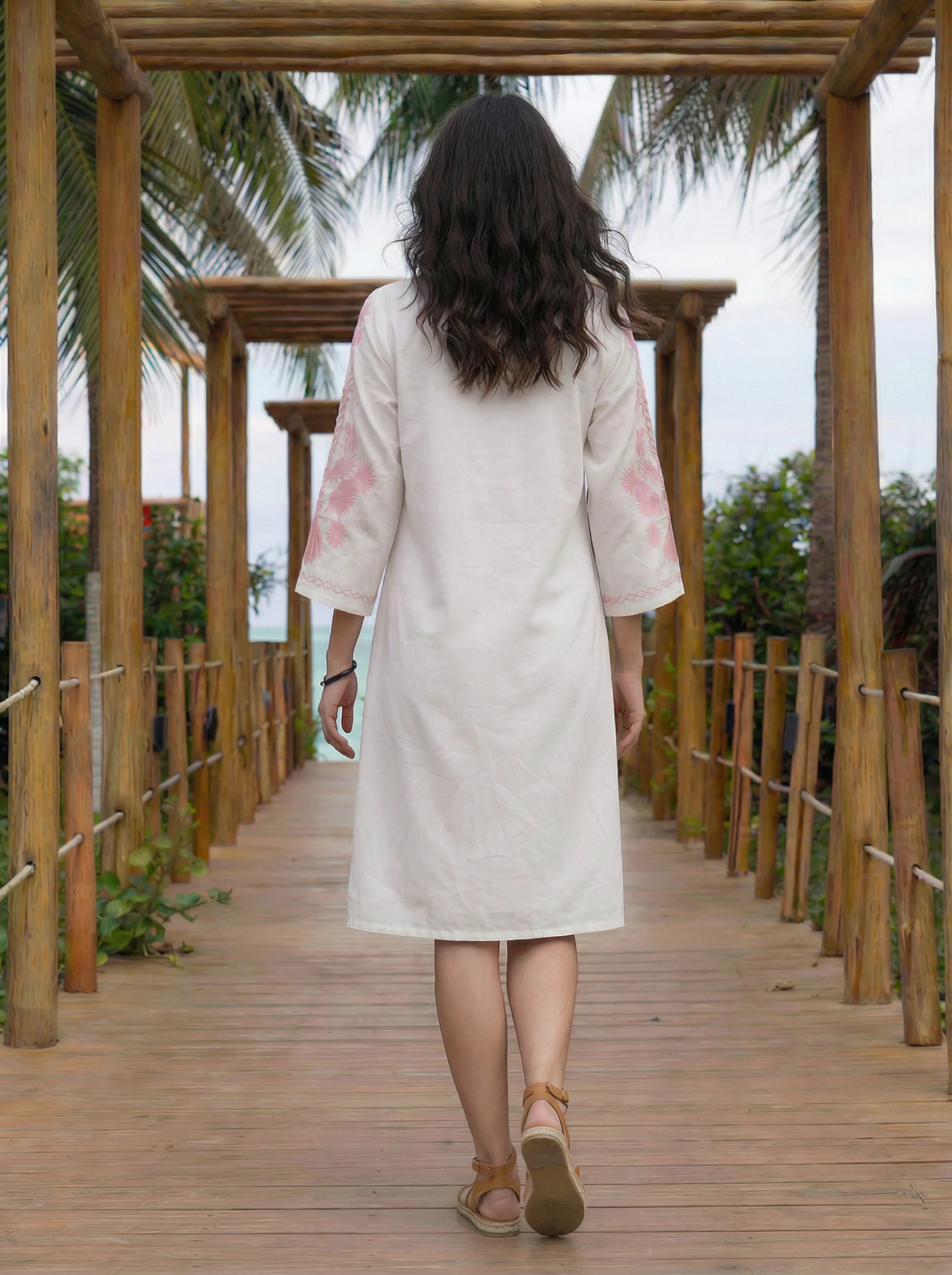 White Cotton Cambric Embroidered Dress with Pink Dori Tassels