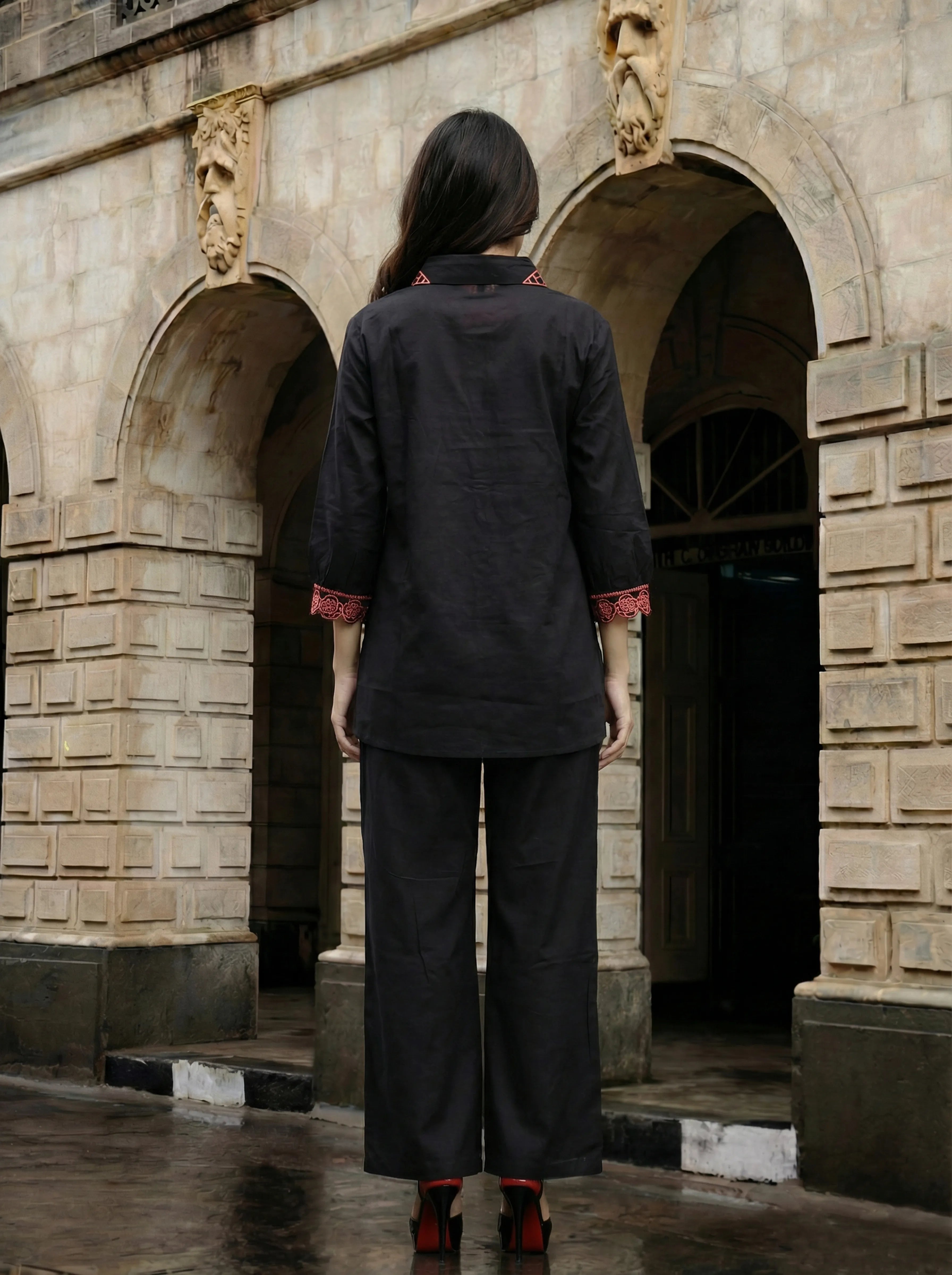 Black Statement Embroidered Co-ord Set in Cotton Cambric