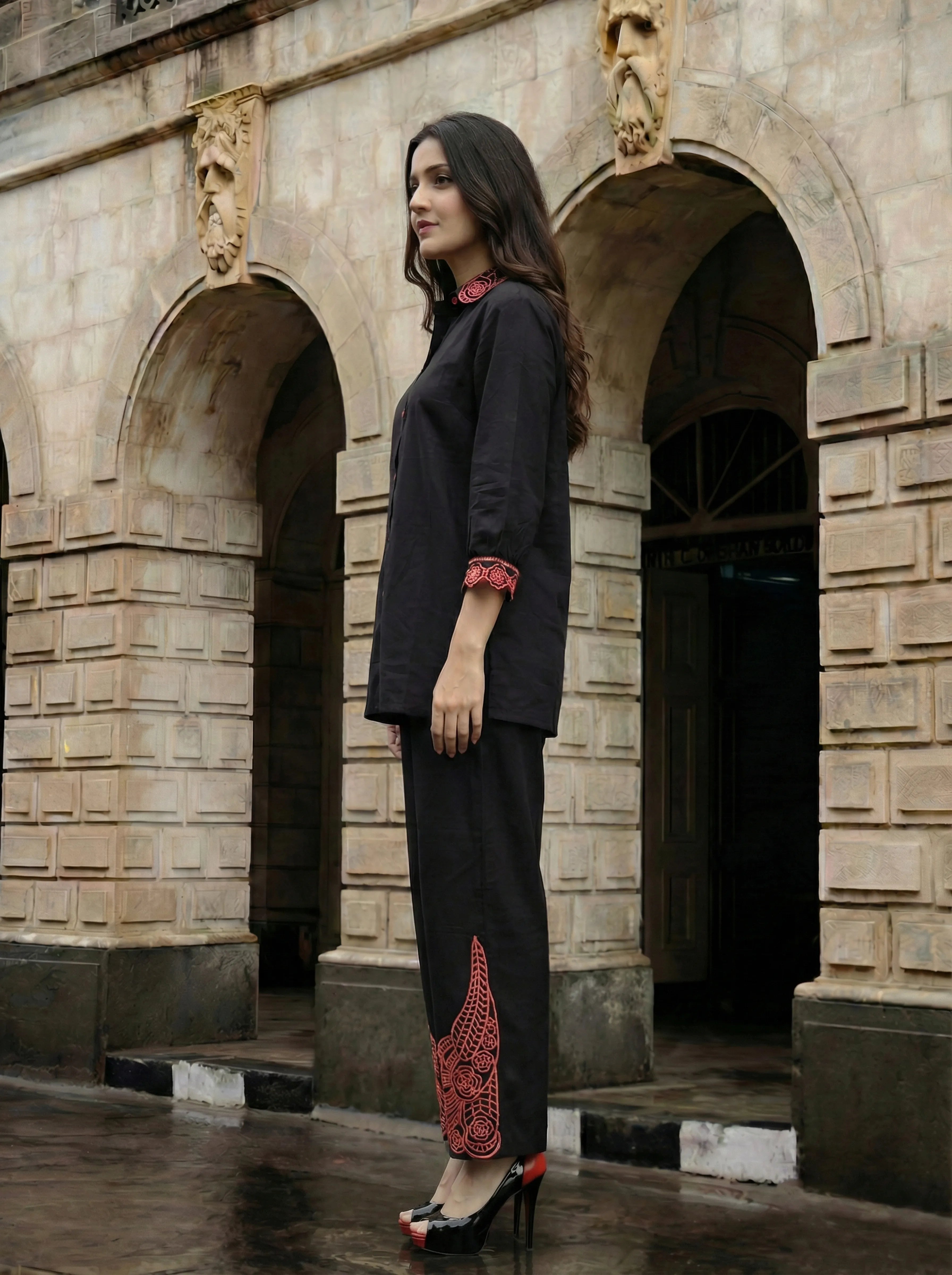 Black Statement Embroidered Co-ord Set in Cotton Cambric