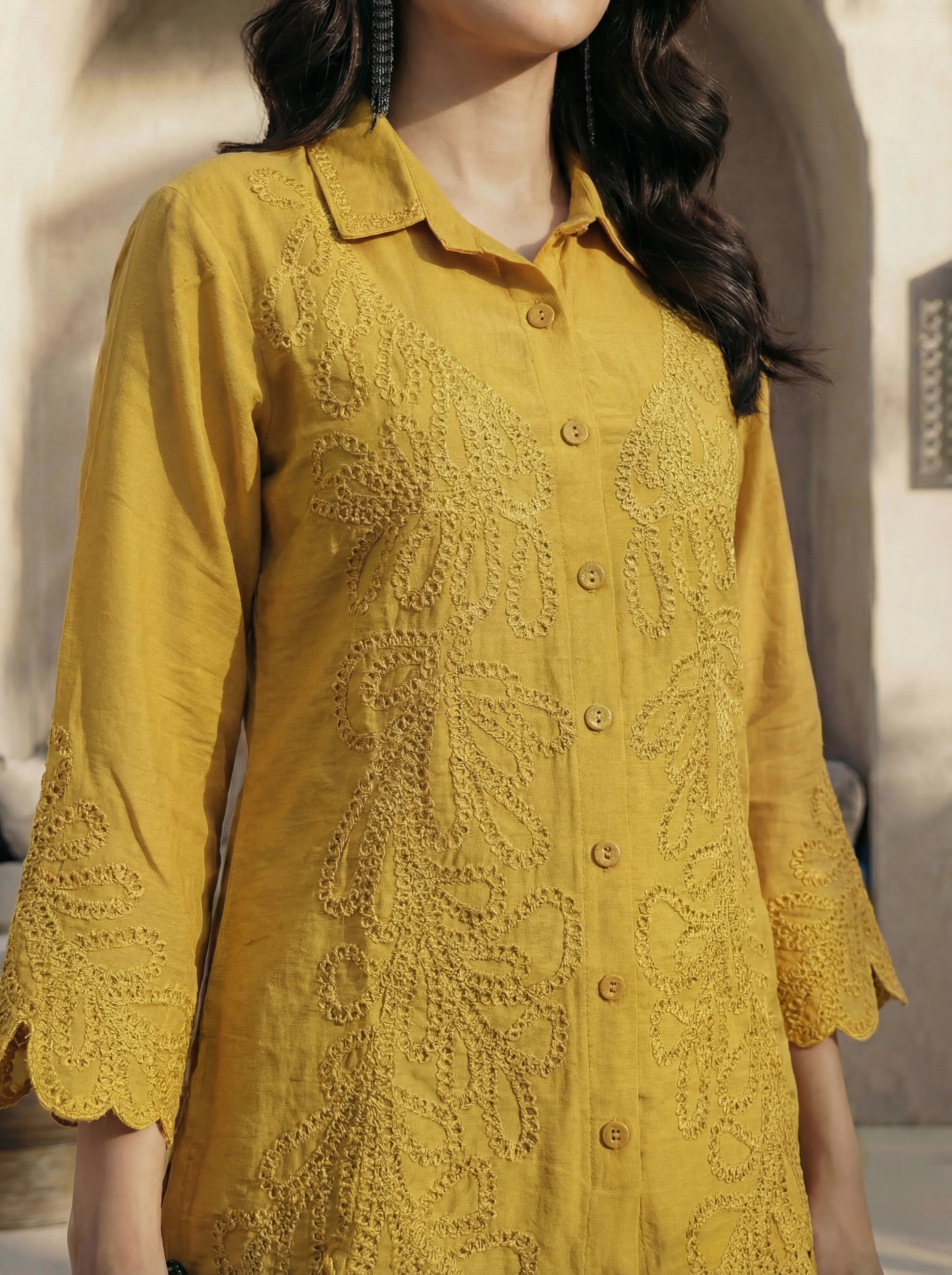 yellow cotton kurta with embroidery