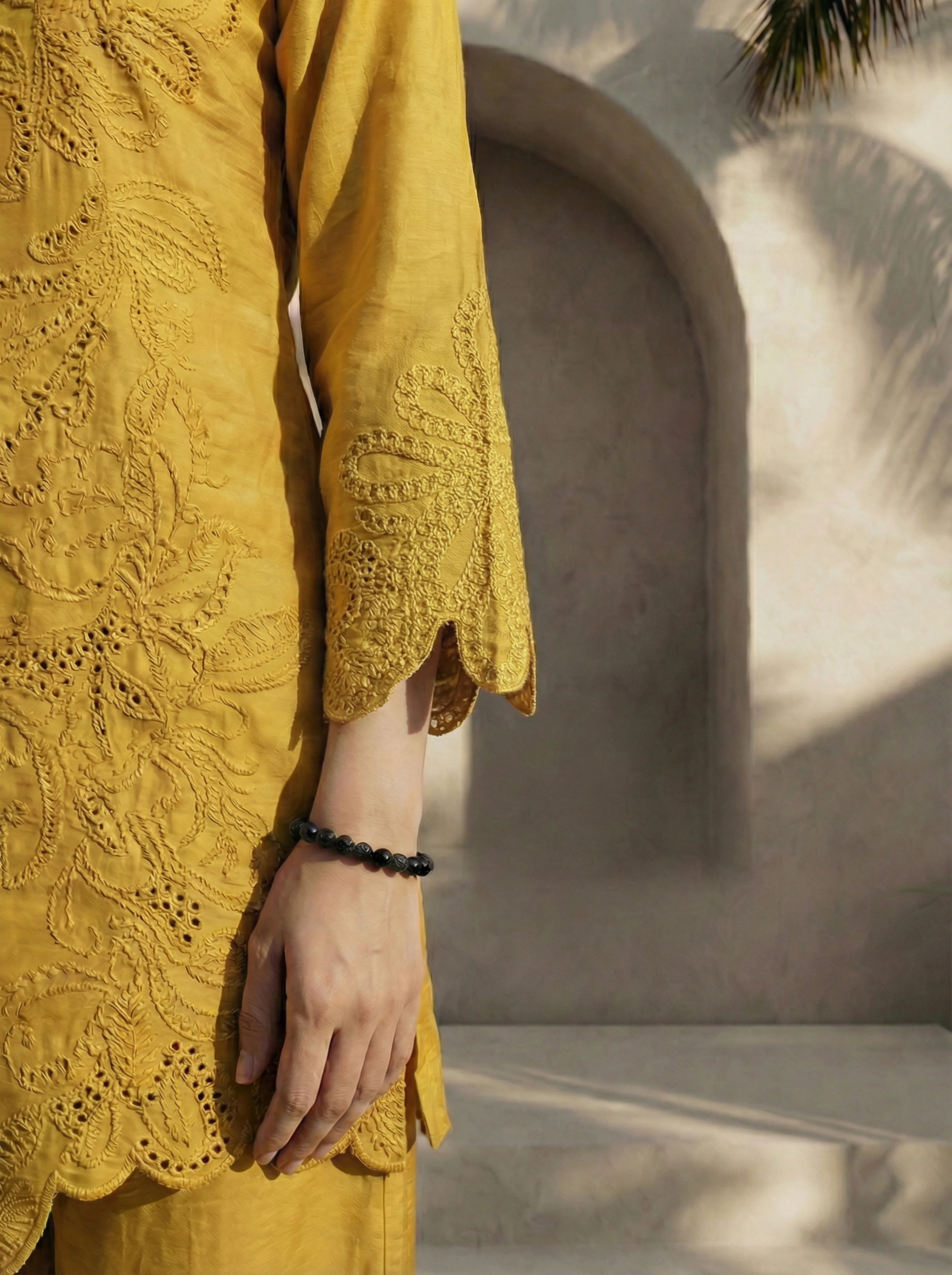 Mustard Yellow Embroidered Co-ord Set in Rayon Blend