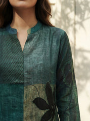Dark Green Color-Block Embroidered Muslin Kurta Co-ord Set
