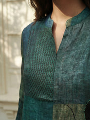 Dark Green Color-Block Embroidered Muslin Kurta Co-ord Set