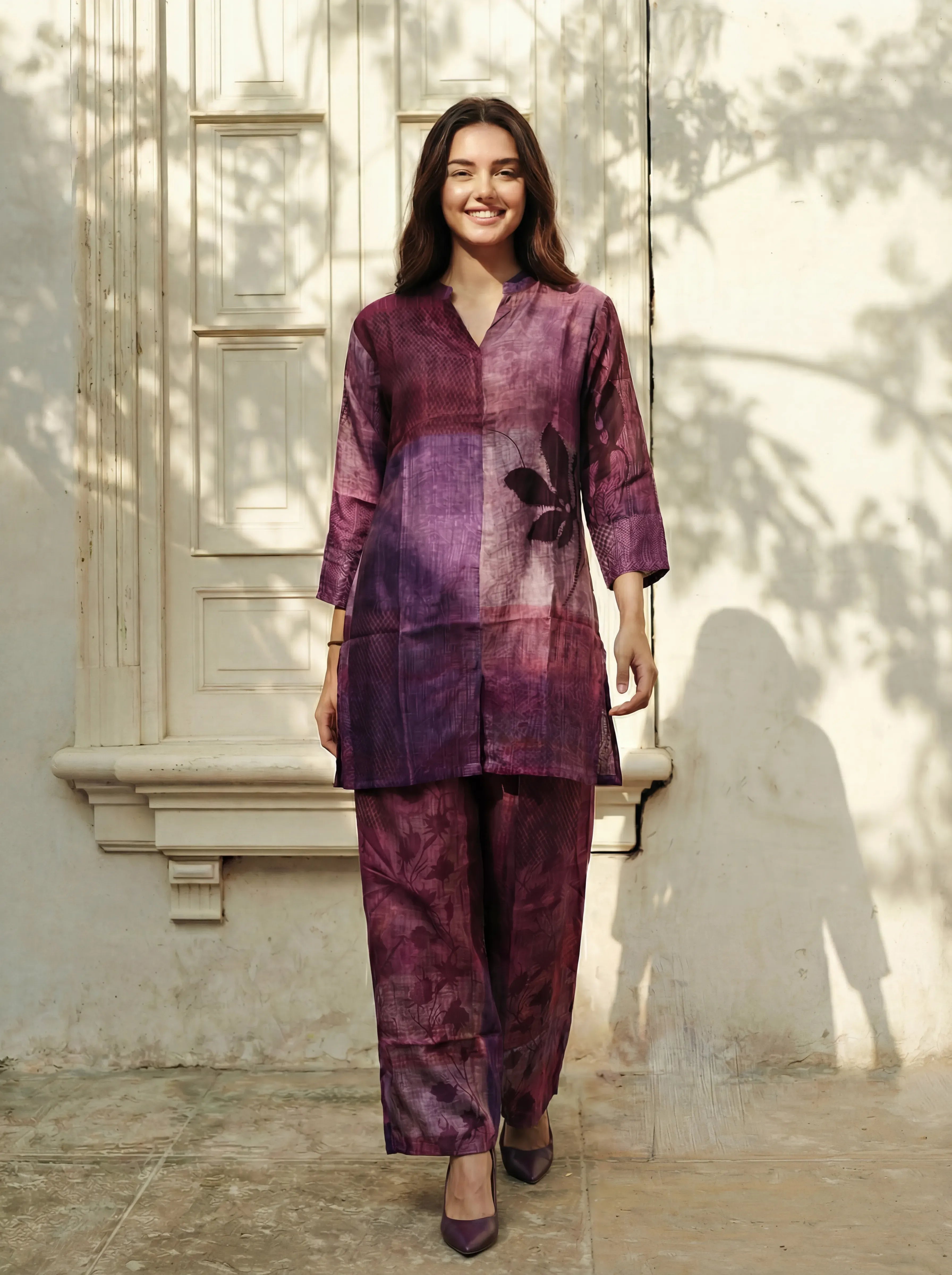 Plum Base Color-Block Embroidered Kurta Co-ord Set
