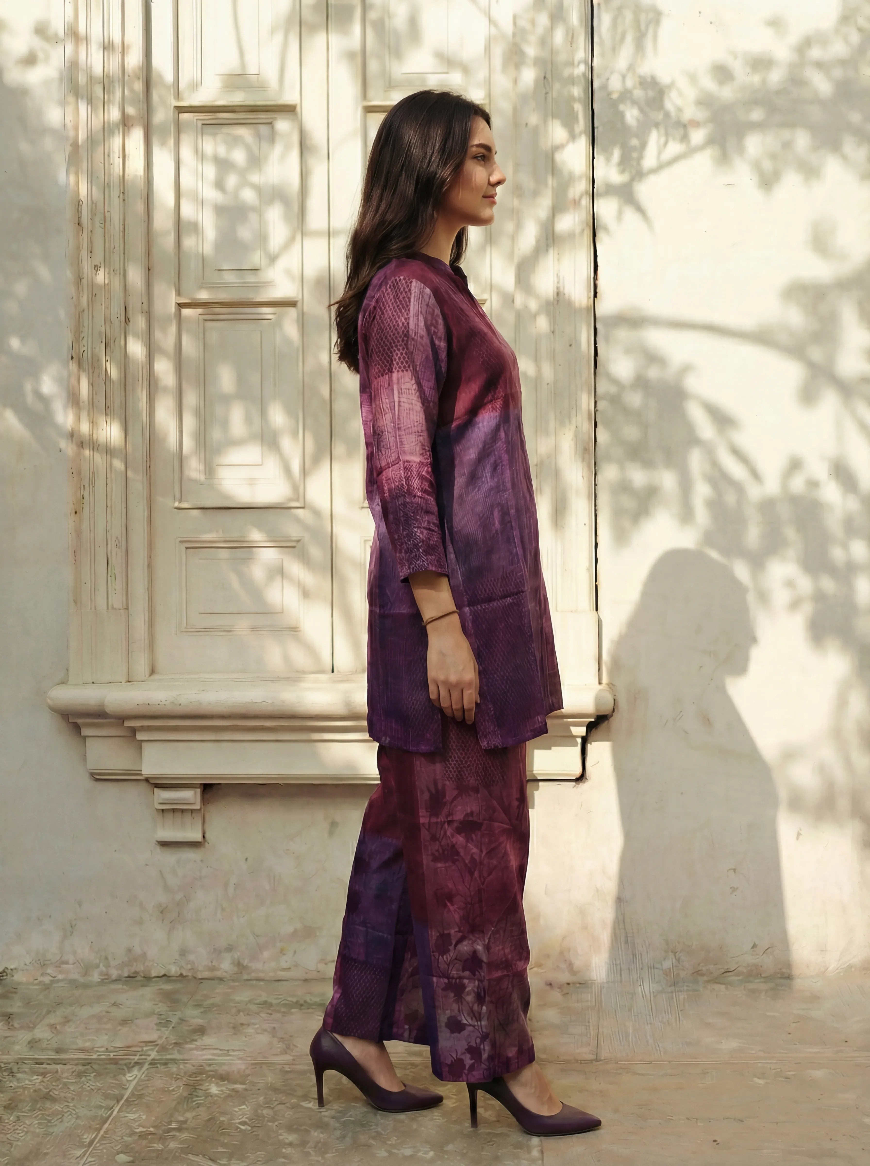 Plum Base Color-Block Embroidered Kurta Co-ord Set