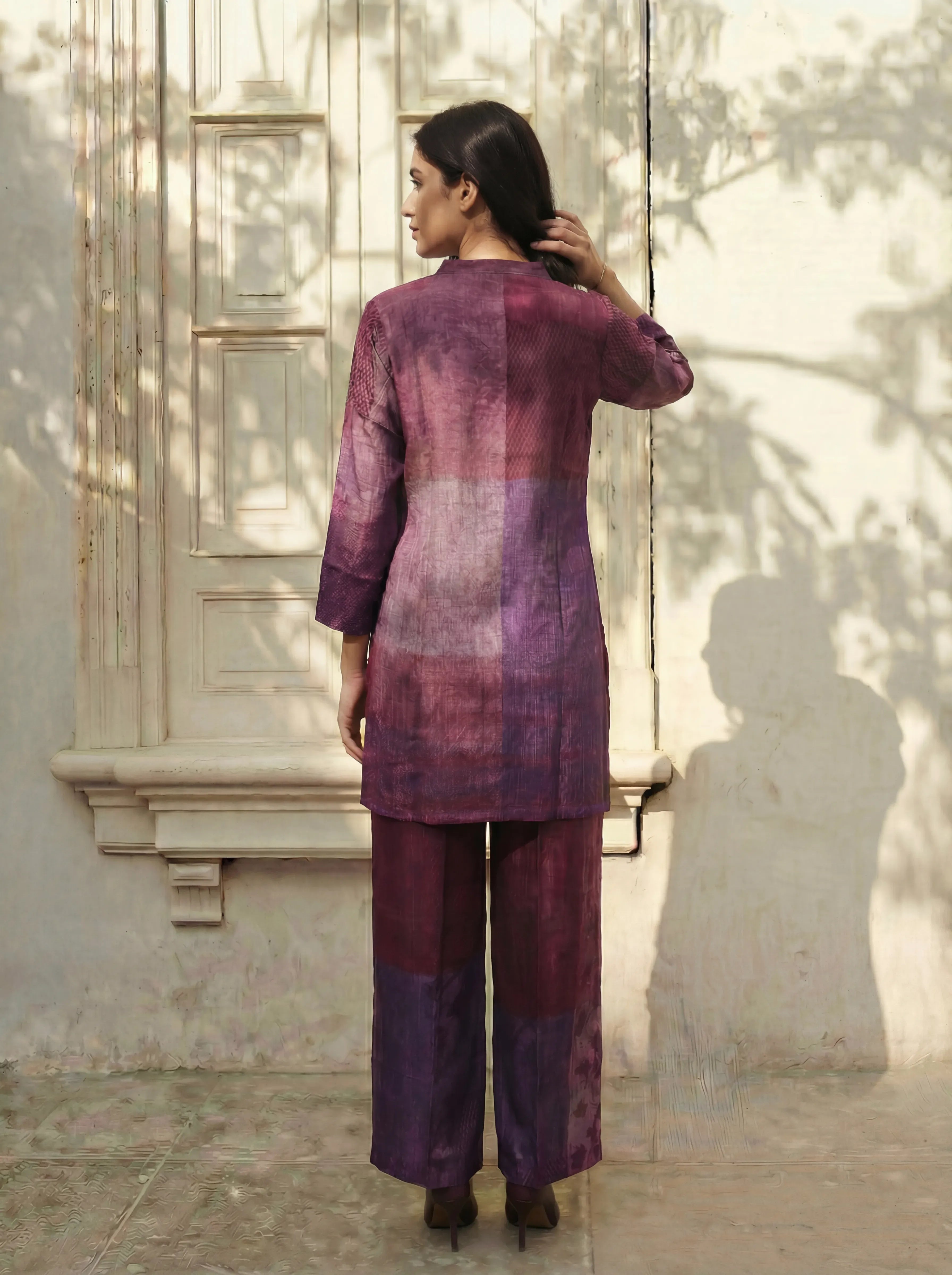 Plum Base Color-Block Embroidered Kurta Co-ord Set