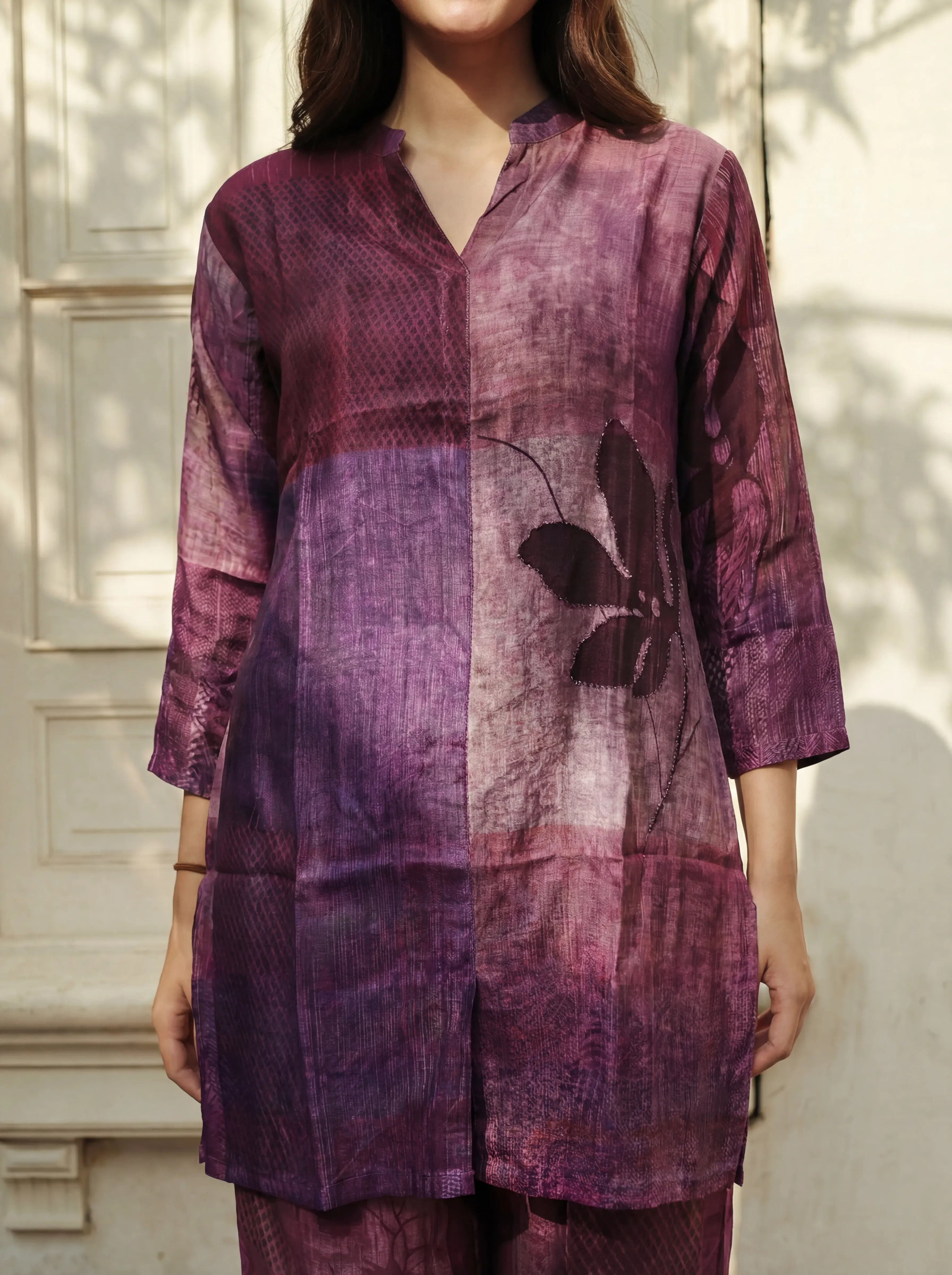 Plum Base Color-Block Embroidered Kurta Co-ord Set