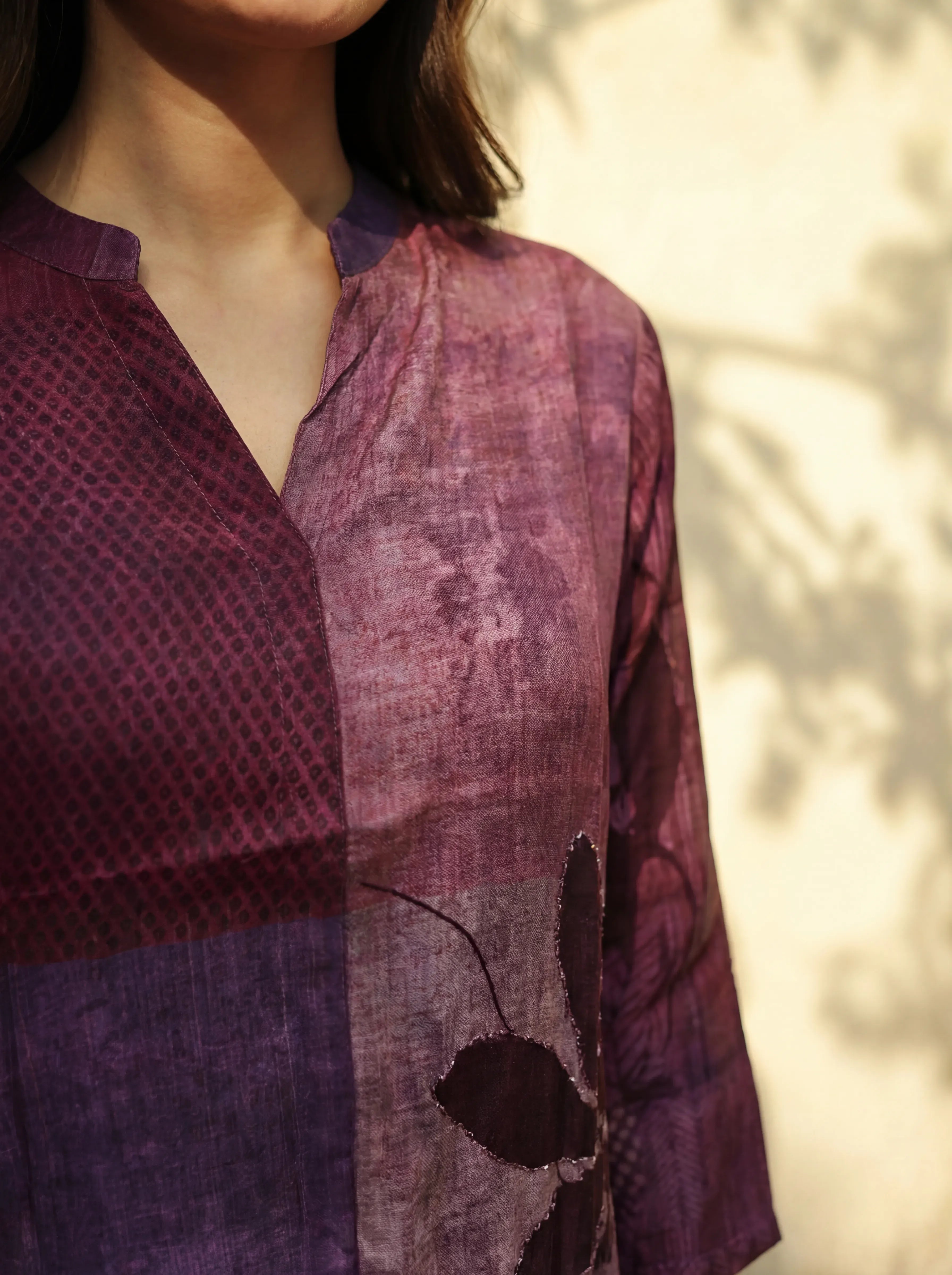 Plum Base Color-Block Embroidered Kurta Co-ord Set