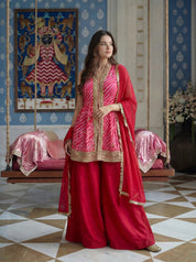 Hot Pink Leheriya Peplum 3 Piece Set in Crepe